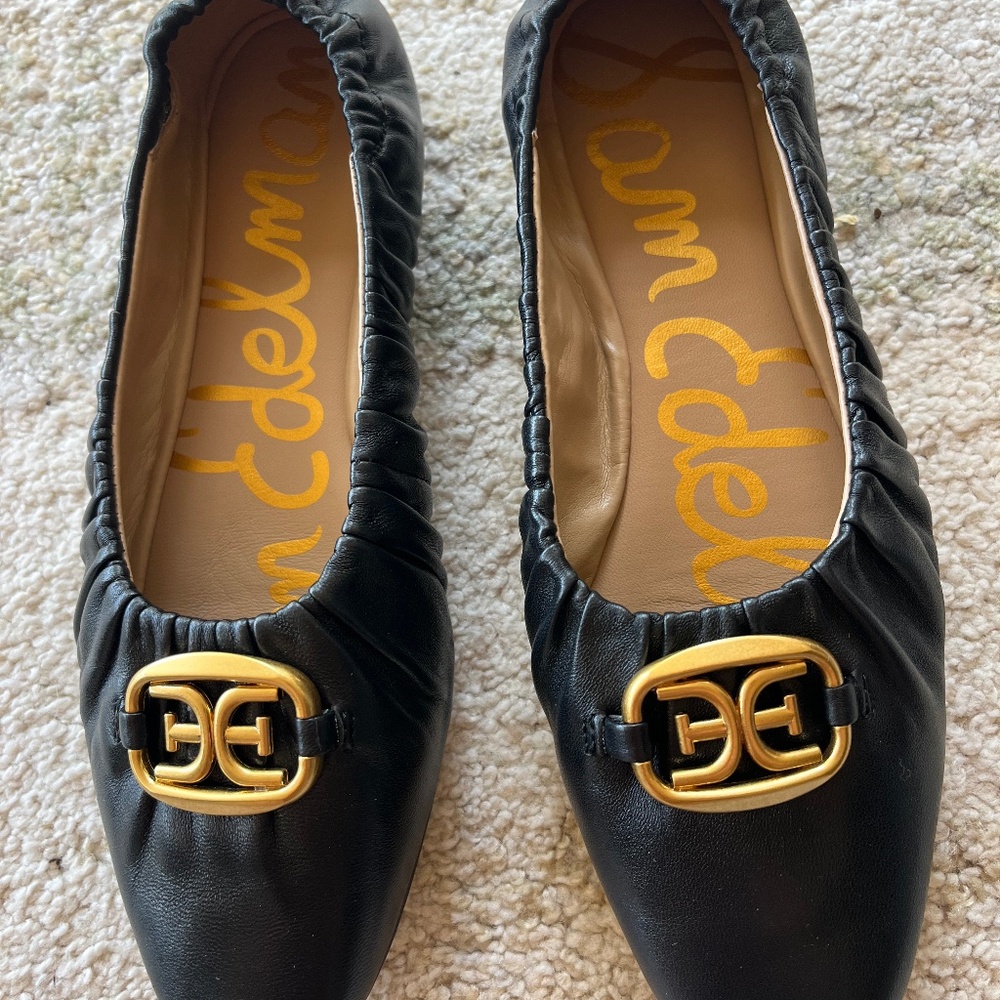 Sam Edelman Black Leather Logo Ballet Flats with Gold Hardware